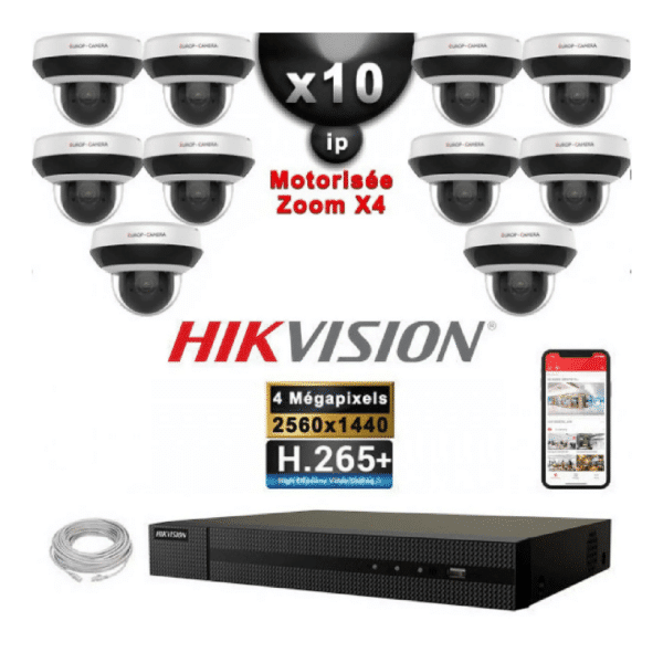 HIKVISION Kit Vidéo Surveillance PRO IP : 10x Caméras POE Dômes motorisée IR 20M 4 MP + Enregistreur NVR 16 canaux H265+ 3000Go (IRMPBBE0LLIS)