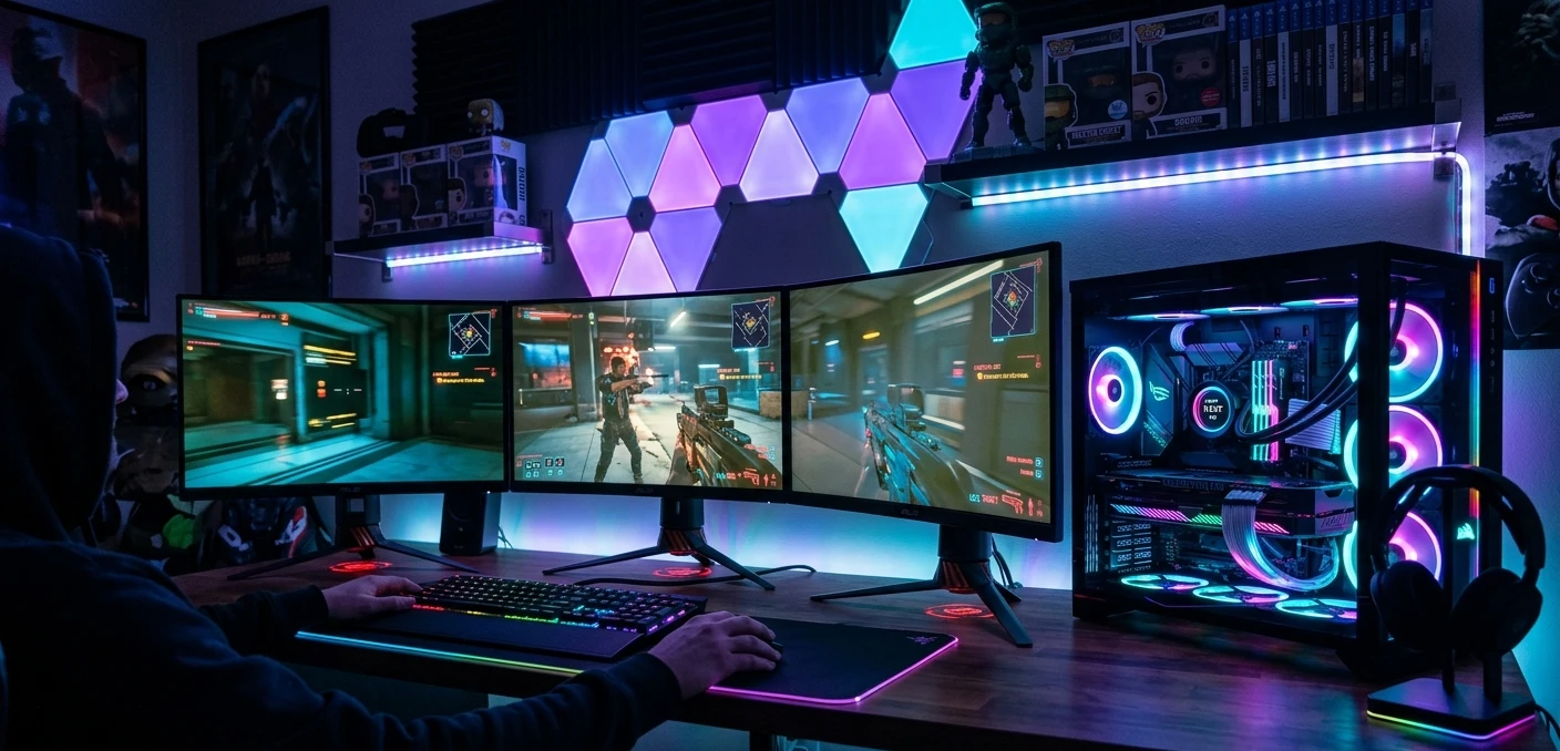 Configuration PC gaming avec éclairage RGB et multiples écrans